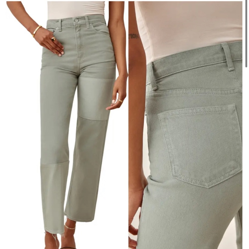 NWT reformation Ryan Tonal Patch High Rise Straight Jeans in green.